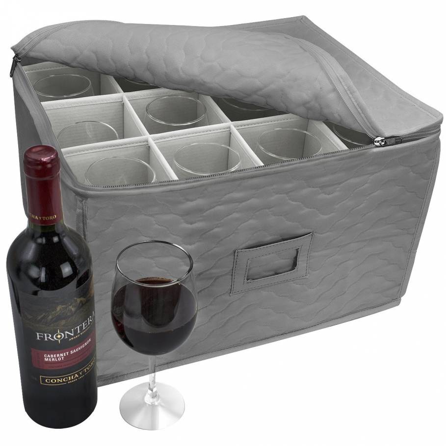 Quilted Microfiber Stemware Wine Goblets Storage Case Container With Dividers Ultra Soft Microfiber Wine Glass Storage Box